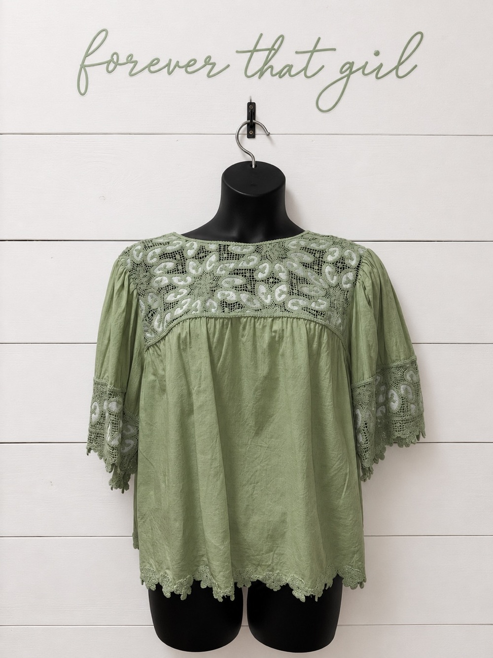 Forever That Girl for Anthropologie Crochet Yoke Blouse – Sage Green – Size 2X